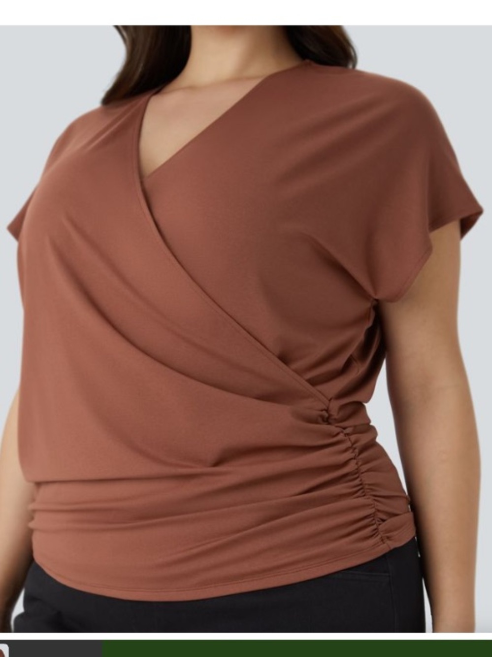 HALARA Rust Brown V-Neck Cap Sleeve Crossover Ruched Blouse